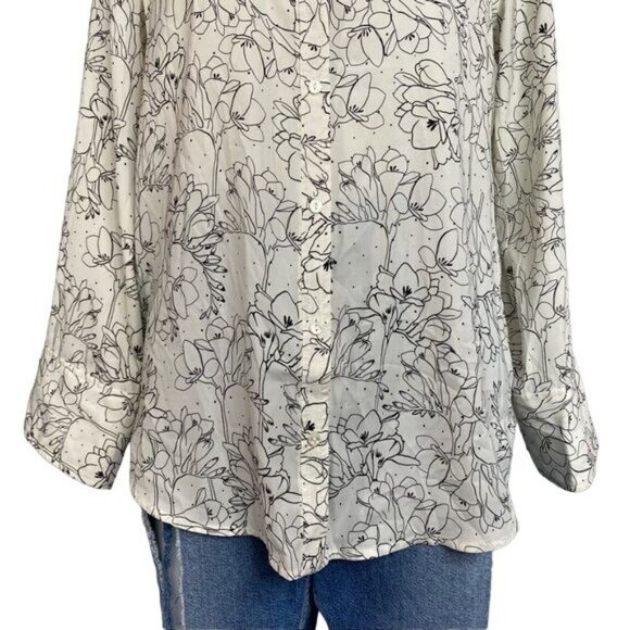 Treasure & Bond Penciled Floral Button Down Wide Sleeve Blouse Black Off White T - Picture 3 of 11